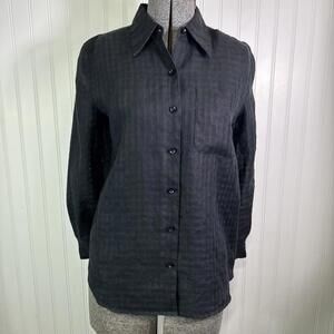 Liz Claiborne Vintage Black Irish Linen Checkered Sheer Button Front Shirt PS
